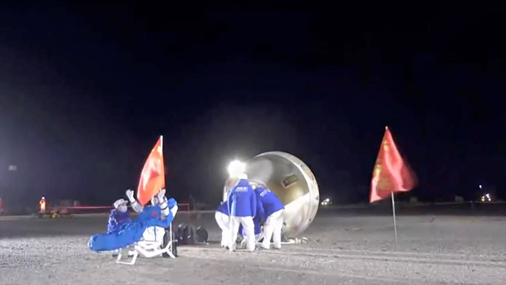 China's Shenzhou 18 spacecraft with astronauts Ye Guangfu, Li Cong and Li Guangsu is seen at the Dongfeng landing site in north China after landing from the Tiangong space station on Sunday, Nov. 3, 2024.