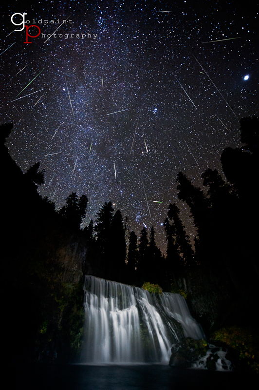 Photographer Brad Goldpaint captured this spectacular view of the Orionid meteor shower over Middle Falls outside the city of McCloud, Calif., near Mount Shasta in 2011. The photo, called Nighted Veil, is a composite of many meteors streaking through the Milky Way galaxy over the lighted falls.
