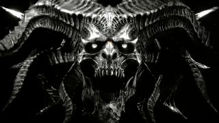A demonic, skeletal face with glowing eyes and large, twisted horns emerges from the darkness