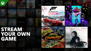 Stream Your Own Game” alongside box art for Forza Horizon 6, Katana ZERO, TMNT Cowabunga Collection, and A Plague Tale: Innocence.