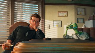 Ray and his alien detective partner looking glum and holding drinks in Ray Gunn