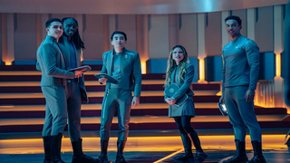Five sci-fi characters in blue uniforms