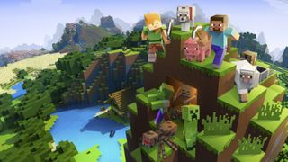 An official Minecraft wallpaper showing Steve and Alex surrounded by various mobs on a hill.