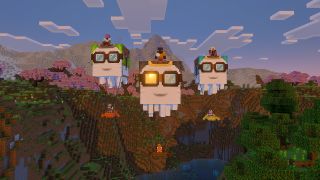 3 players in Minecraft riding happy ghasts