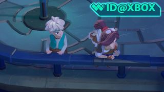 A screenshot from Moonlighter 2 showing two characters resting their arms on a railing. A graphic in the top right shows the Windows Central logo and says, "ID@Xbox."