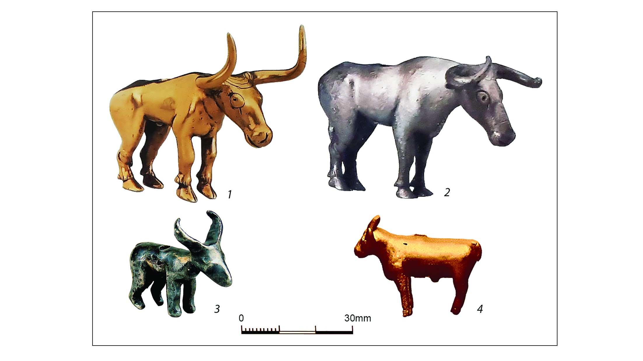 Figurines with vertical perforations: 1–2) gold and silver bull figurines from the Maikop kurgan; 3) silver figurine, possibly of a gazelle, from the Staromyshastovsky hoard; 4) animal (Ovis) figurine from Uruk made from bitumen and covered in gold.