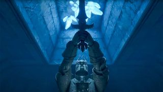 A screenshot from The Elder Scrolls 4: Oblivion Remastered showing a statue raising a sword toward blue light.