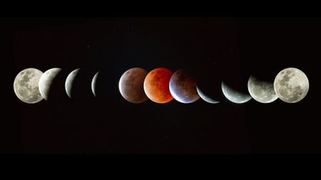 A series of gray circles of the moon imposed upon each other with a red circle in the middle showing a total lunar eclipse