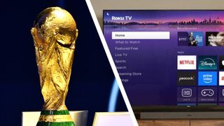 The FIFA World Cup trophy in a split image next to a Roku TV interface