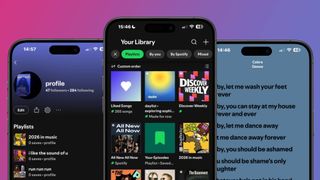 Three smartphones showing a Spotify profile page, a Spotify Library page, and lyrics of a song