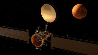 a satellite with many parts floats in space with Mars behind.