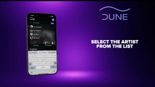 Dune on a phone screen, on purple background