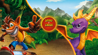 Crash Bandicoot and Spyro face off in a split jungle and fantasy landscape crossover image with the Spyro + Crash logo centered.