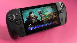 A handheld gaming console displays the start screen of "Vampire Crawlers," featuring a vampire holding a wine glass. Background is vibrant pink.