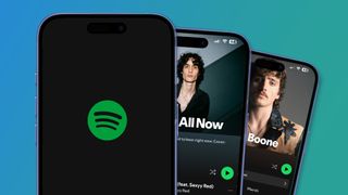 An image of three iPhones with the Spotify logo, a playlist cover, and an artist page