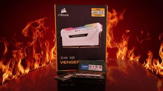 Corsair Vengeance RGB Pro DDR4 RAM package stands before vibrant flames, exuding intensity and power. Crucial RAM sticks lie in front, emphasizing tech prowess.