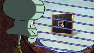 An animated character with a large nose looks out of a window at a microchip labeled "Snapdragon X2." Blue stripes and a warm color palette set a humorous tone.