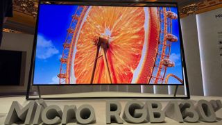 Samsung's Micro RGB TV at CES 2026, with a sign saying Micro RGB 130"