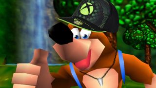 Banjo-Kazooie giving a thumbs up while wearing an Xbox cap in a stylized forest background.