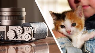 Image diptych. Left; Lumix L10 compact camera on its back on a shiny wooden table. Right; young girl holding a tiny kitten