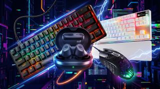 Colorful gaming setup with two RGB keyboards, wireless earbuds in a charging case, and a glowing gaming mouse against a digital, lightning-filled background.