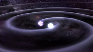 An illustration of a binary white dwarf system as two bright spheres of white light circle each other with spinning waves of gas expanding beyond them