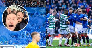 Adam Clery and Matthew Ketchell from FourFourTwo at Ibrox for Rangers vs Celtic in April 2024