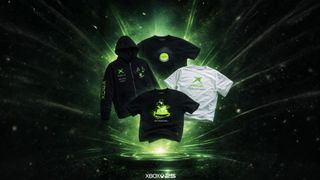Four Xbox-themed clothing items, including black and white t-shirts and a black hoodie, displayed against a dynamic green background with glowing effects.