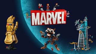 Several brick-built items, one a golden gauntlet, one a racoon with guns, one a large tower with mini characters surrounding it and a logo that reads "Marvel" are all on a blue planet background.