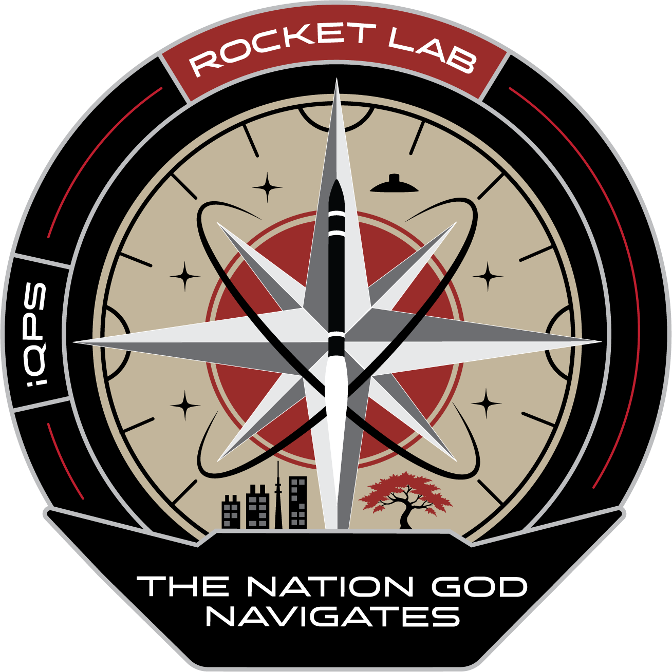 A mission patch with a compass in front of a japanese flag.