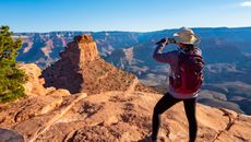 Scenic view of the South Rim of the Grand Canyon. Mature woman on the edge of Canyon taking a photo with smartphone.