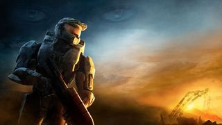 Master Chief from Halo 3 holding an assault rifle stands in a dramatic, smoky landscape; cortana's eyes appear faintly in the sky above.
