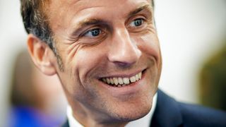 Close-up shot of Emmanuel Macron, France's president, during the NATO summit on July 12, 2023 in Vilnius, Lithuania.