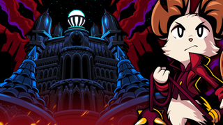 Artwork from Mina the Hollower showing Mina beside a towering gothic fortress under a dark sky with glowing red and purple clouds.