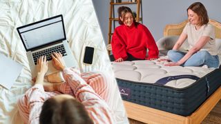 On the left, an overhead shot of a person using their laptop while sitting on their bed, a phone to one side. On the right, two mattress testers sitting on top of a mattress on a bed frame in a bedroom, discussing the comfort and quality