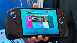 A person holds the Acer Predator Atlas 8 handheld gaming device with a vibrant screen displaying a game menu. The device has colorful joystick lights and buttons.