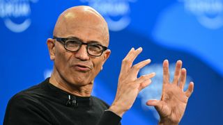Microsoft CEO Satya Nadella gestures as he speaks during the World Economic Forum (WEF) annual meeting in Davos on January 20, 2026.
