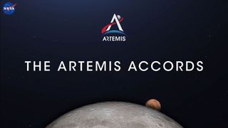 Graphic showing the the artemis accords logo above white text reading "the artemis accords", the surface of the moon is seen in the lower portion of the image and a distant Mars peeks out from the surface of the moon.