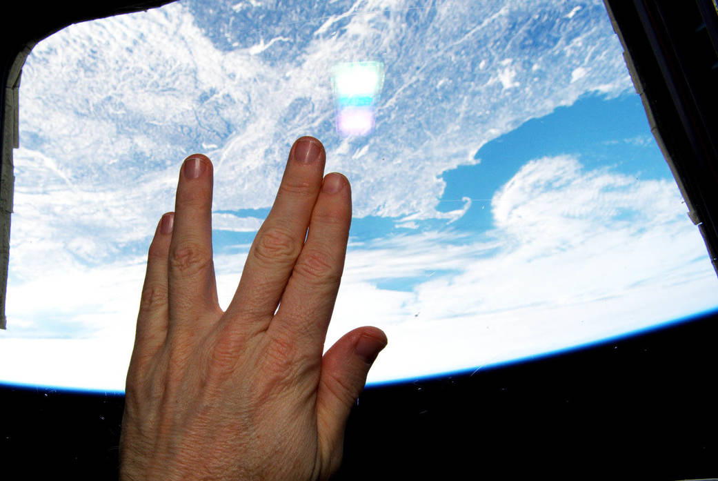 NASA astronaut Terry Virts uses the Vulcan salute shortly after Leonard Nimoy (Spock on The Original Series) died in 2015.