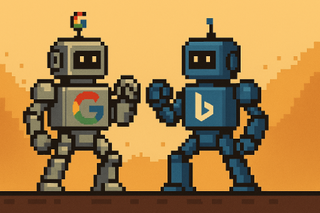 A Google robot squares off against a Bing robot, with pixel art stylings