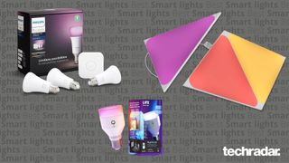 Philips Hue Color Ambience, Lifx A19 ja Nanoleaf Shapes harmaata taustaa vasten