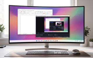 A wide, curved monitor displays a colorful gradient wallpaper with windows open for word processing and video editing. A sleek keyboard and mouse are in front.