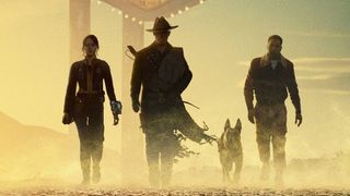 Ella Purnell as Lucy, Walton Goggins as the Ghoul, and Aaron Moten as Maximus in "Fallout" season 2 poster
