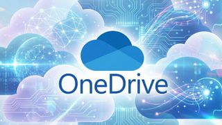Microsoft OneDrive logo with clouds and artificial intelligence imagery