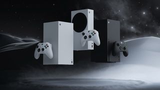 An official wallpaper of Xbox consoles against a galactic background.