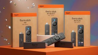 Selection of Fire TV sticks displayed on a podium