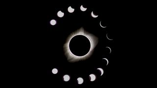 during a total solar eclipse the sun appears as a dark spot with bright white light beaming out from behind. A series of phases surround the main eclipse image, showing the moon take a progressively bigger "bite" out of the sun.