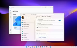 Two overlapping windows on a purple and orange gradient desktop. The foreground shows Remote Desktop settings, and the background displays Favorites.