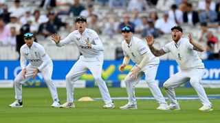 Joe Root, Zak Crawley, Harry Brook and Ben Stokes of England react after a missed chance during Day One of the LV= Insurance Ashes 2nd Test match between England and Australia at Lord's Cricket Ground on June 28, 2023 in London, England.
