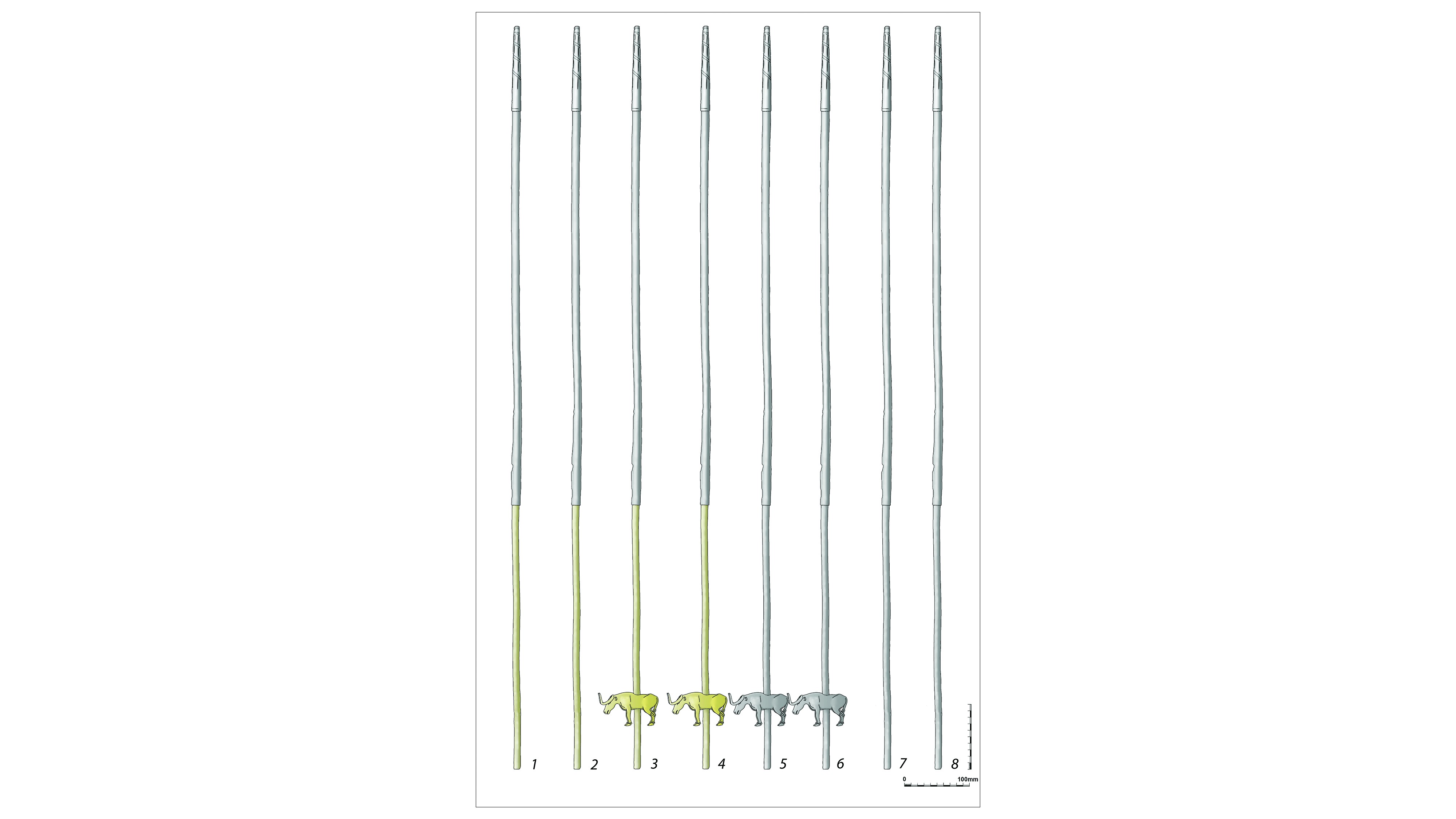 Schematic drawing of the tubes from the Maikop kurgan: 1–2) gold and silver tubes; 3–4) gold and silver tubes with gold bull figurines; 5–6) silver tubes with silver bull figurines; 7–8) silver tubes. Note that this figure shows the objects with the tips pointing upwards, as assumed by previous scholars.